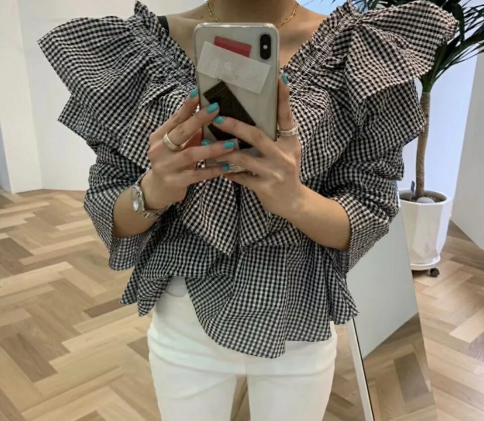 WHITNEY WANG Blouses 2020 Spring Fashion Streetwear Sweet Ruffles Plaid Blouse Women Blusas Lady Shirt Top | Женская одежда