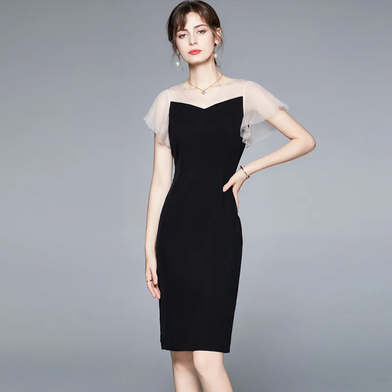 

Summer Black Dress Women Butterfly Short Sleeve V-Neck Mesh Splicing Slim Solid Midi Maxi Elegant Fashion Evening Pencil Dresses