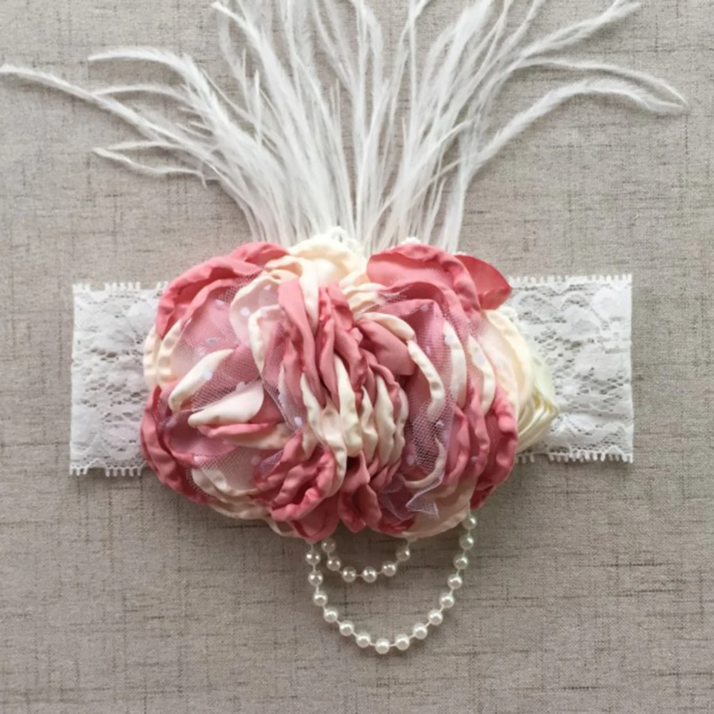 Stain Flower Baby Headband Pearls Stain Feather Elastic Hair Bands Newborn White Lace Headwraps Photography Props