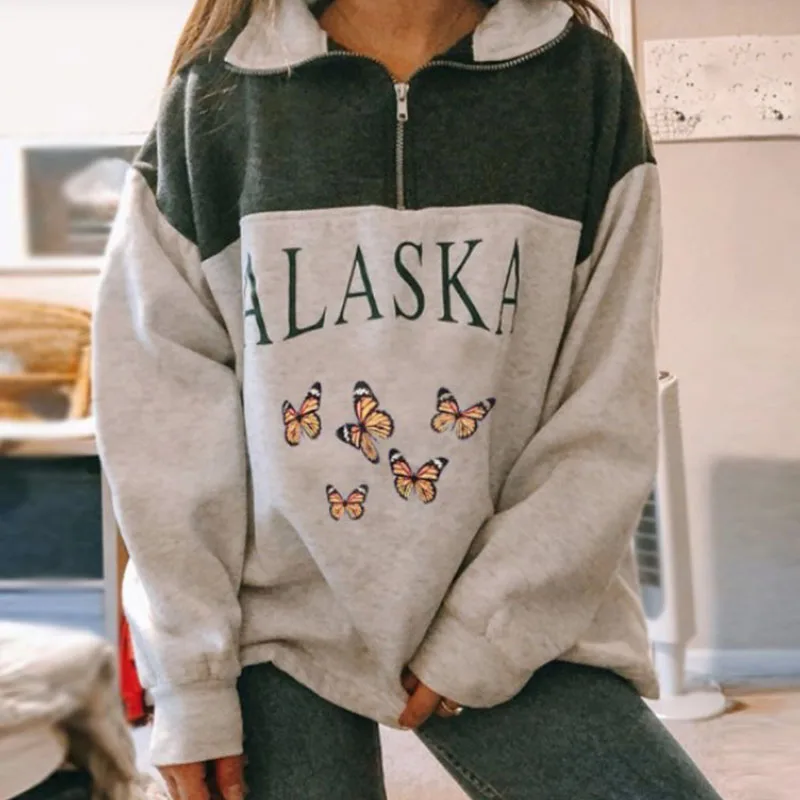 

Plus Size Women Sweatshirts Letter Print Half Zipper Long Sleeve Loose Pullovers Top Fall Casual Fashion Oversized Streetwear