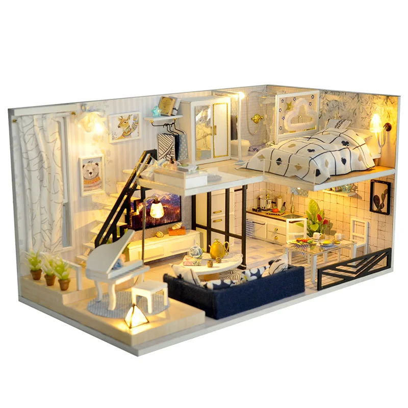 

DIY Wooden Miniature Dollhouse Modern Style Loft Hand Assembled Doll House With Furniture Toys For Children Adults Birthday Gift