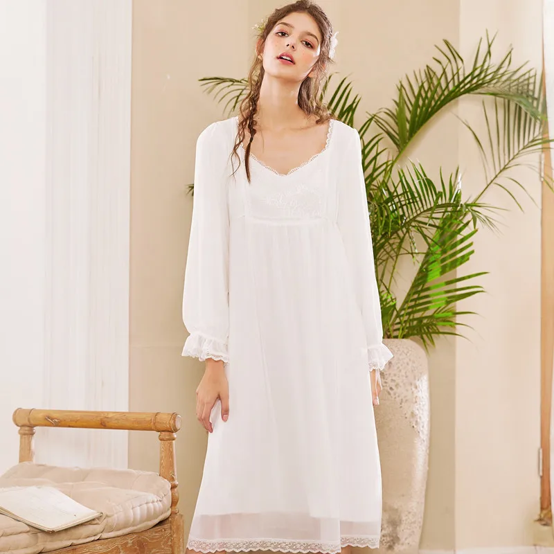 

Roseheart Women White Pink Sexy Homewear Sleepwear Female Court Gown Night dress Lace Nightwear Long Luxury Nightgown