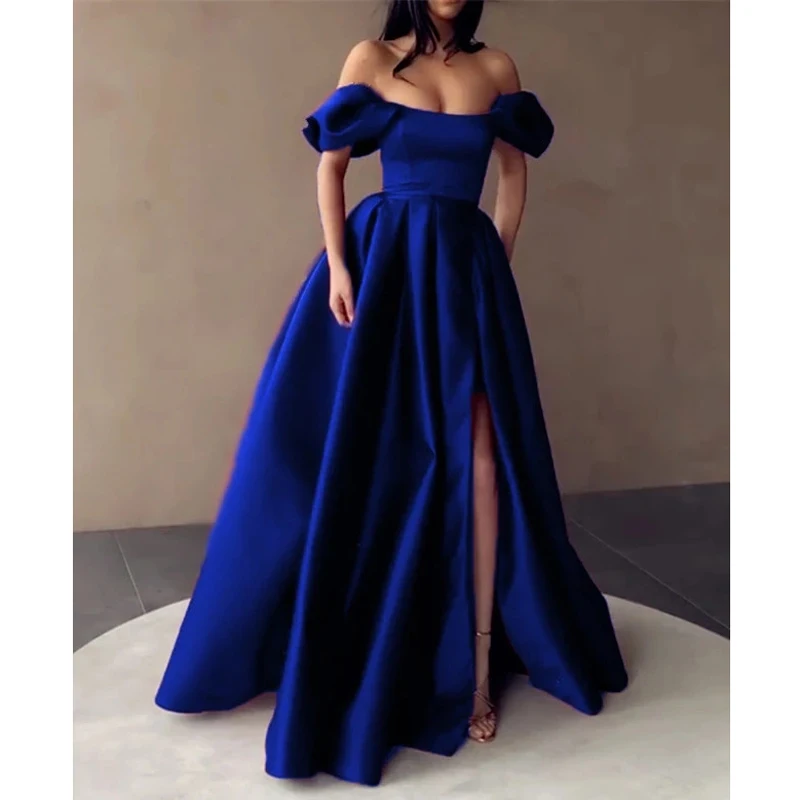 

Arabic Dubai Evening Dress Boat Neck Long 2021 Royal Blue Satin Off the Shoulder Slit Plus Women Wedding Maid of Honor Prom Gown