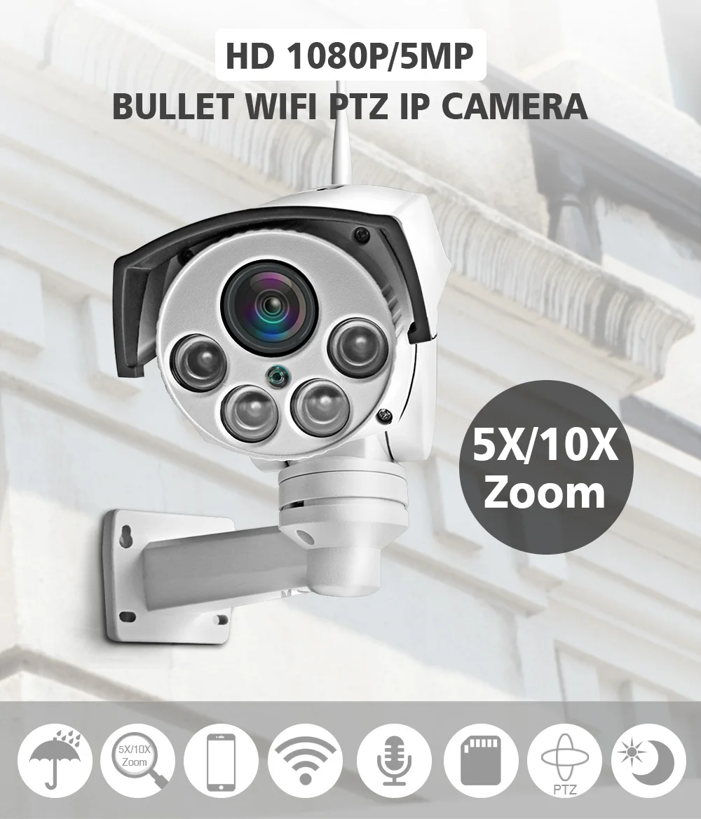 HD 1080P 5MP пуля Wifi PTZ ip-камера аудио 5X/10X оптический зум Автофокус Объектив беспроводной CCTV IP камера Открытый Onvif CamHi