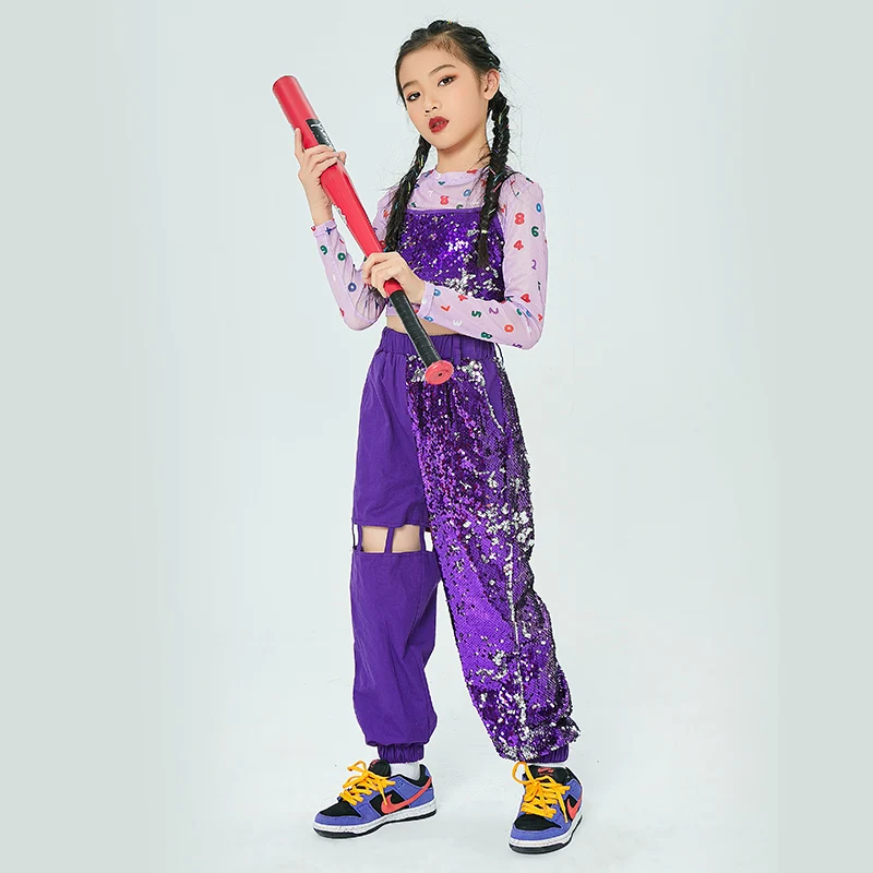 

2021 New Kids Hip Hop Street Dance Clothes Girls Jazz Costumes Sequin Dance Wear Suits Modern Stage Performance Rave Outfit