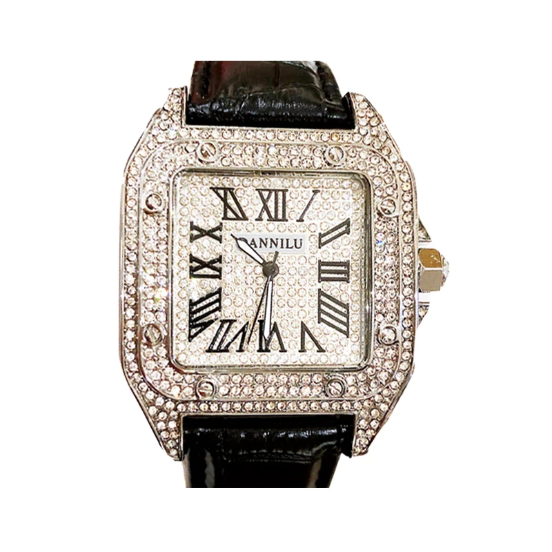 Мужские часы с квадратным большим циферблатом и бриллиантами кожаный ремешок