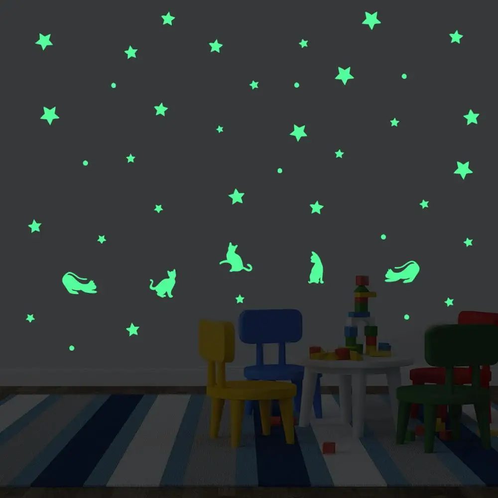 Светящаяся Наклейка на стену с милыми кошками и звездами для детской комнаты