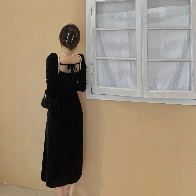 

Kimutomo Vintage Beading Square Collar Dress Women Chic Fashion Long Sleeve Backless Slim Waist A-line Velvet Vestido De Mujer