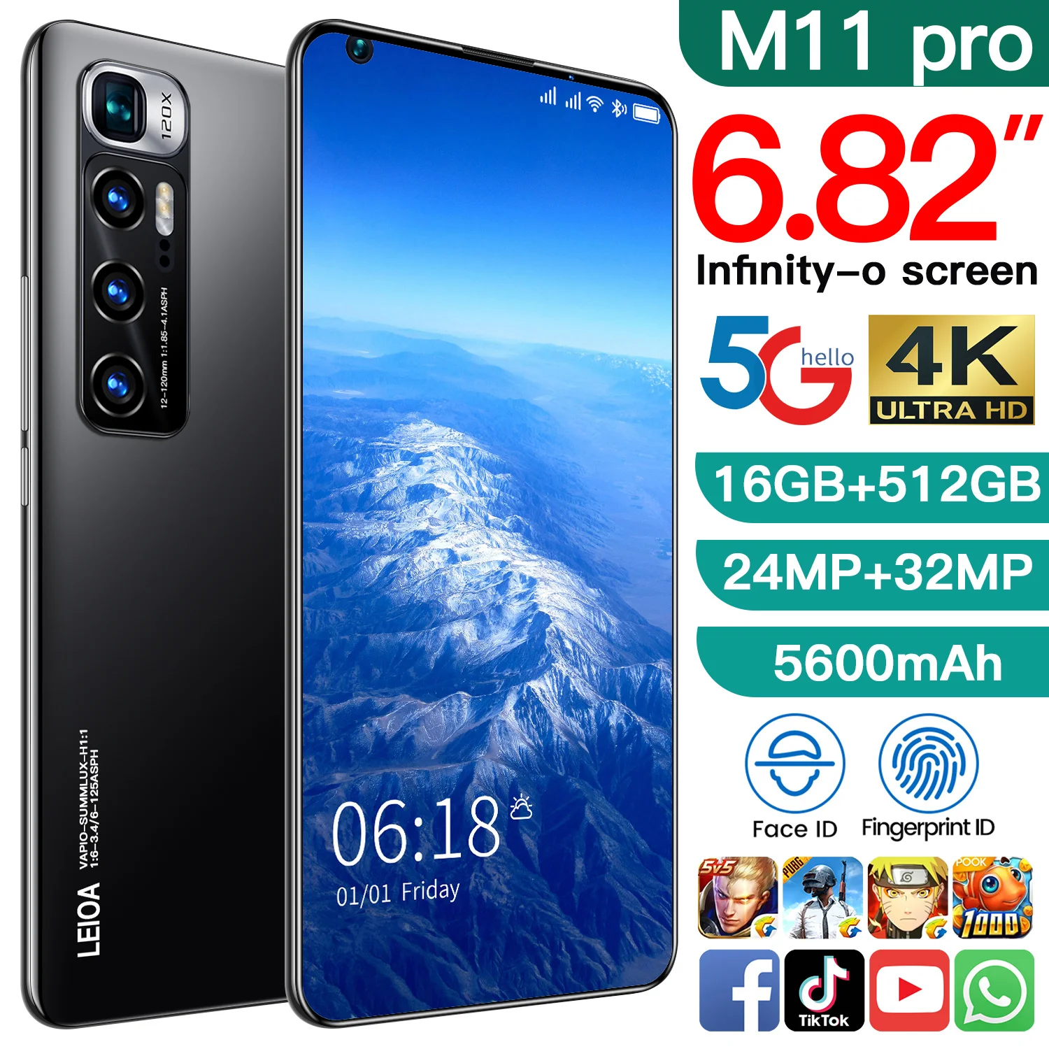 

Cellphones Smartphones M11 pro 24MP+32MP 16+512G 5g Android 10 5600mAh 11 Core Really Telephone MTK6895 Face ID