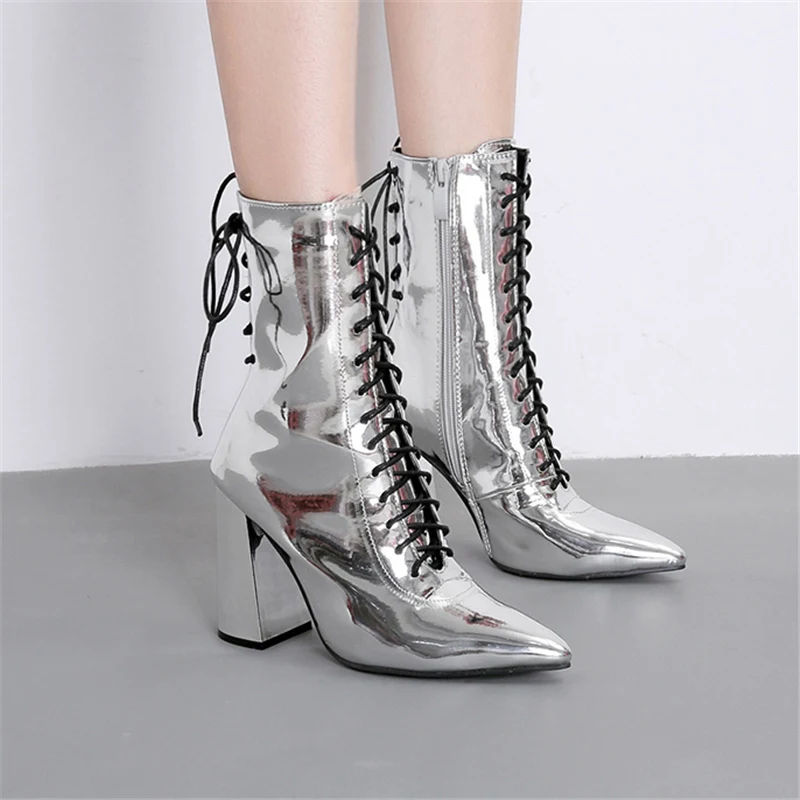 2019 г. Женские серебряные сапоги Глянцевые ботинки для стриптиза короткие