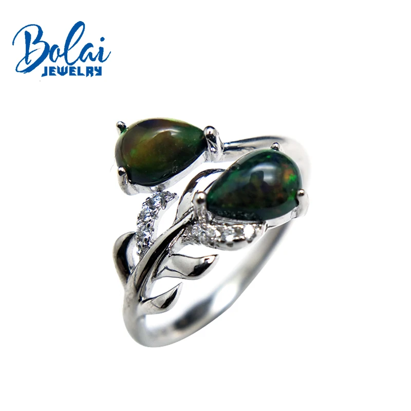 

bolaijewlry,feather shape rings natural multicolor black opal gemstone in 925 sterling silver fine jewelry for lady best gift