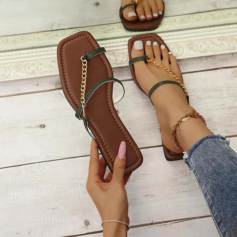 

Women Summer Square Toe Slippers Flip Flops Metal Chain Flats Shoes Woman Casual Open Toe Ladies Slides Beach Slippers 2021