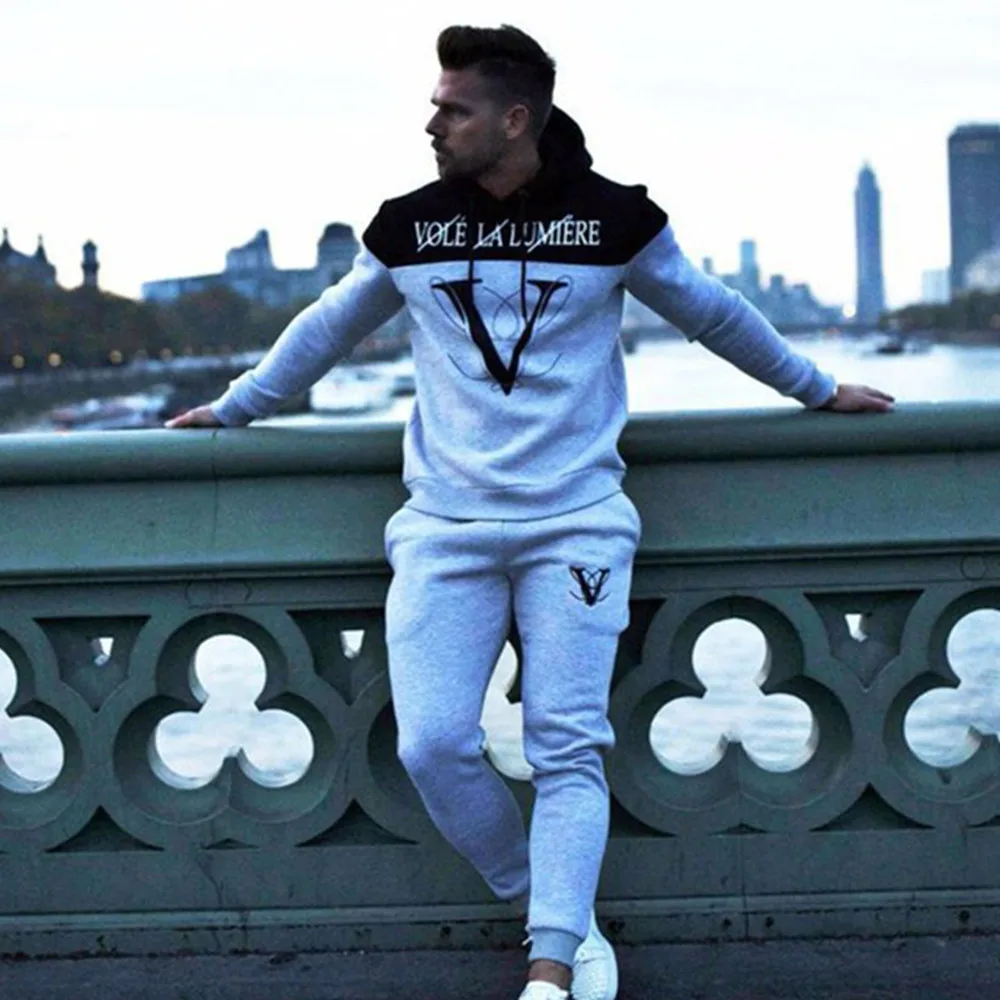 Autumn winter men's fitness hooded tracksuits Loose running training casual hooded coats+fashion pure color pants Jogger suits