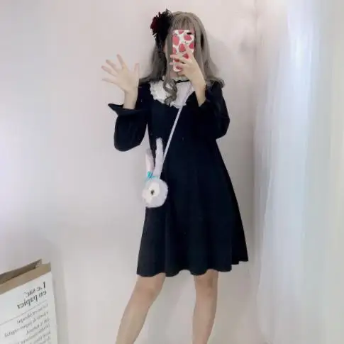 Черные платья для женщин японский каваи лук кружева готический свободный