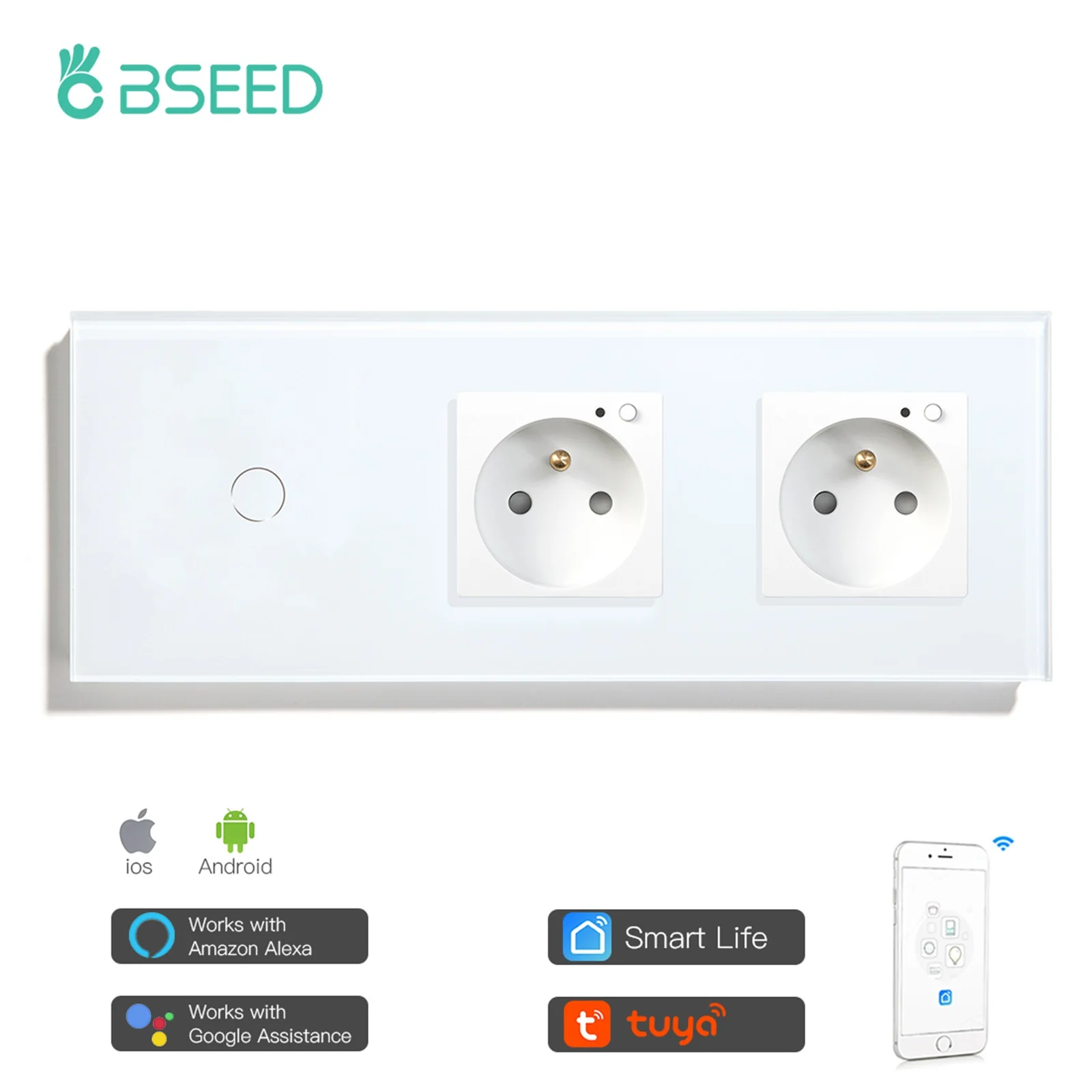 

BSEED French Standard 16a Wifi Touch Switches 1Gang 2 Way Light Switch With Double Power Sockets Google Alexa Tuya Smart Home