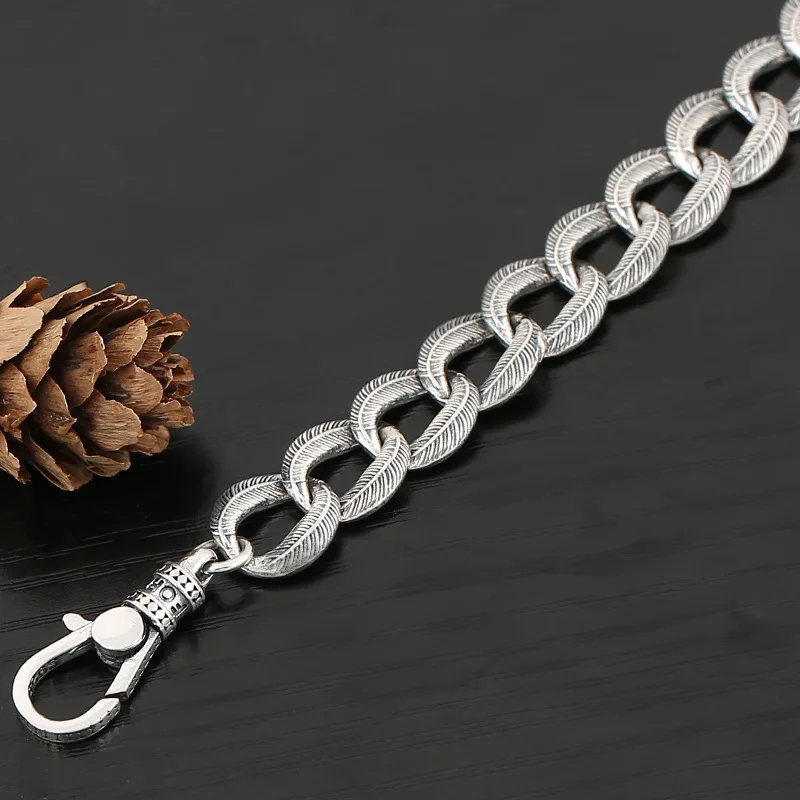 

S925 pure silver colour personality student jewelry fashion Thai silver colour distressed creative feather men women bracelet