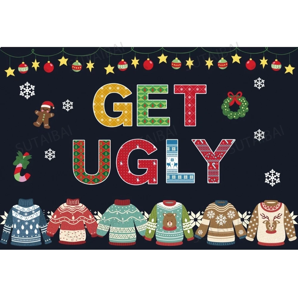 Get Ugly Sweater Snowflake Stripe Gingerbread Backdrops Christmas Family Friend Party Background Photography Poster Photocall