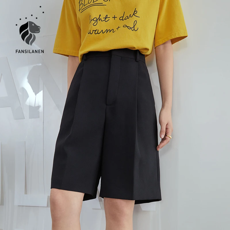 

FANSILANEN Office Lady Suit Black Shorts Women's Summer 2021 NEW High Waist Wide Leg Pants Straight Loose Casual Pants