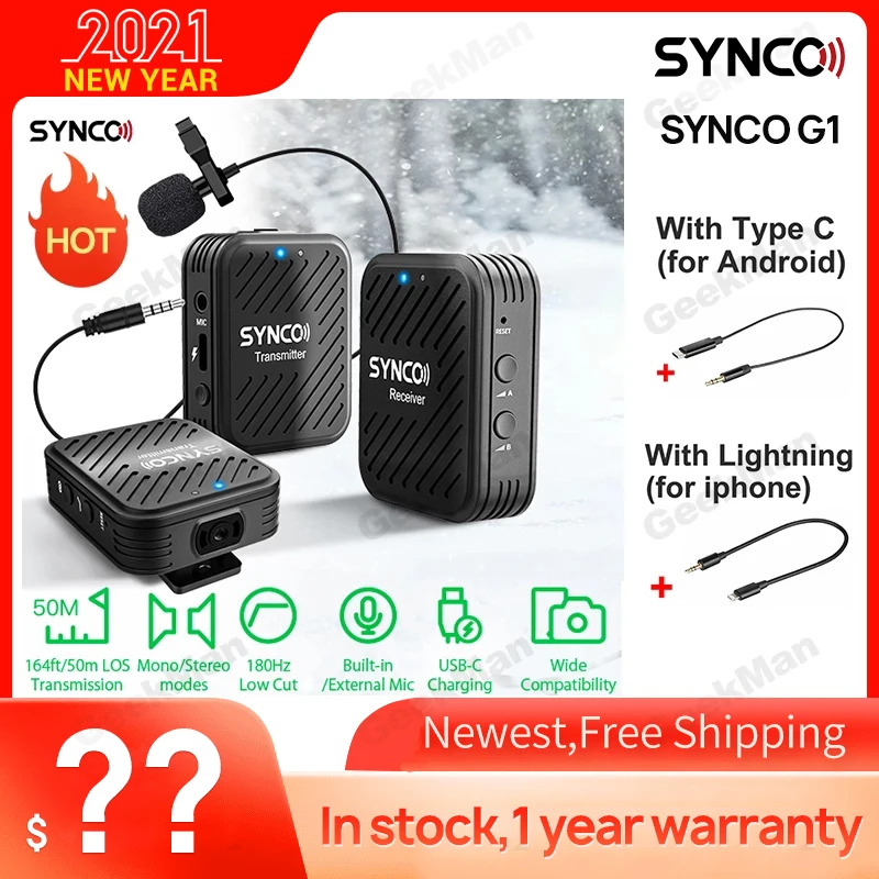 Беспроводная микрофонная система SYNCO G1(A2) 2 4 ГГц с передатчиками 1 приемником и