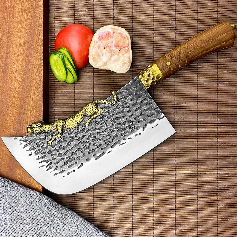 

New 8.5 Inch Big Knife Chopper Slicing Hanamde Forged Longquan Kitchen Hatchet Knife Copper Decor Beautiful Knife With Patterns