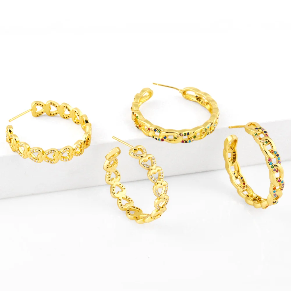 

Hot Sale Rainbow Heart Gold Hoop Earrings for Women Copper CZ Big Circle Crystal Earrings Fashion Party Jewelry Gifts ersy62
