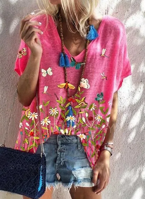 

Women's New Blouse Casual Fashion Plus Size Clothing Summer Hedging Print Short Sleeved Loose V Neck T Shirt