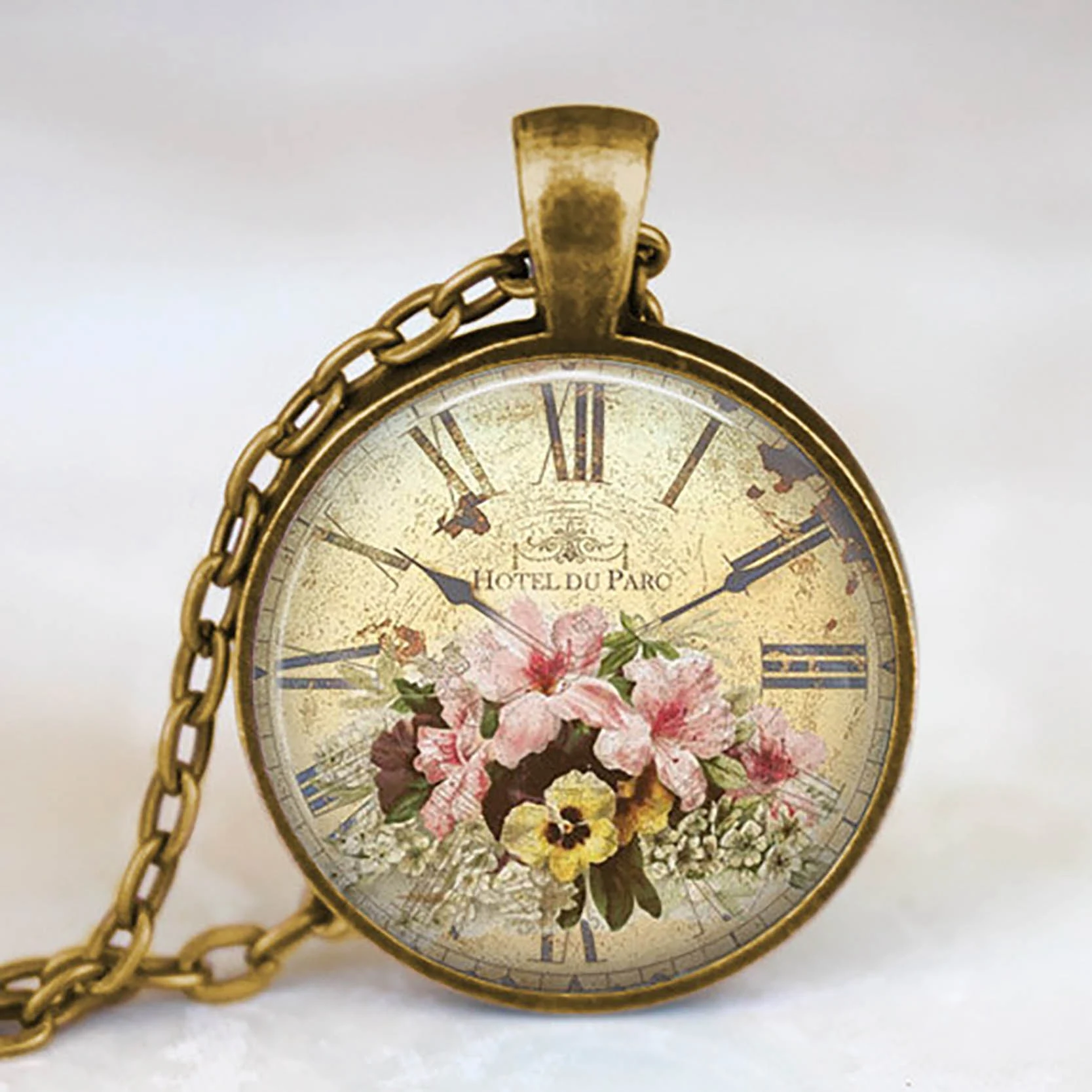 

2021 New Fashion Flower Clock Pocket Watches Glass Cabochon Jewelry Vintage Bronze Long Chain Necklace for Women Girls Gift