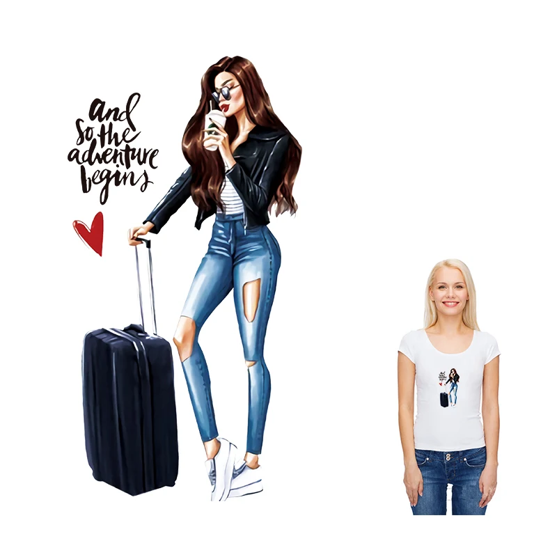 

New Travel Girl Iron On Patches Fashion Heat Print Clothes Stickers Washable Diy Patch Appliques New Stripes For Clothes