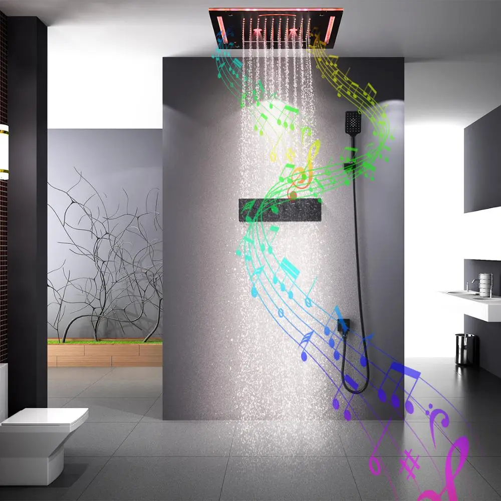 Modern Bluetooth Music LED Shower Set Matte Black Waterfall Rain Head System Bathroom Thermostatic Mixer Faucets | Обустройство дома