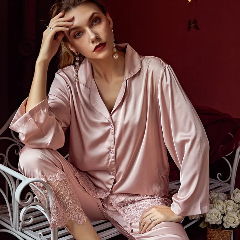 

Lace Patchwork 2PCS Shirt&Pants Casual Nightwear Pajamas Set Women Satin Sleepwear Loungewear Soft Intimate Lingerie Pyjamas