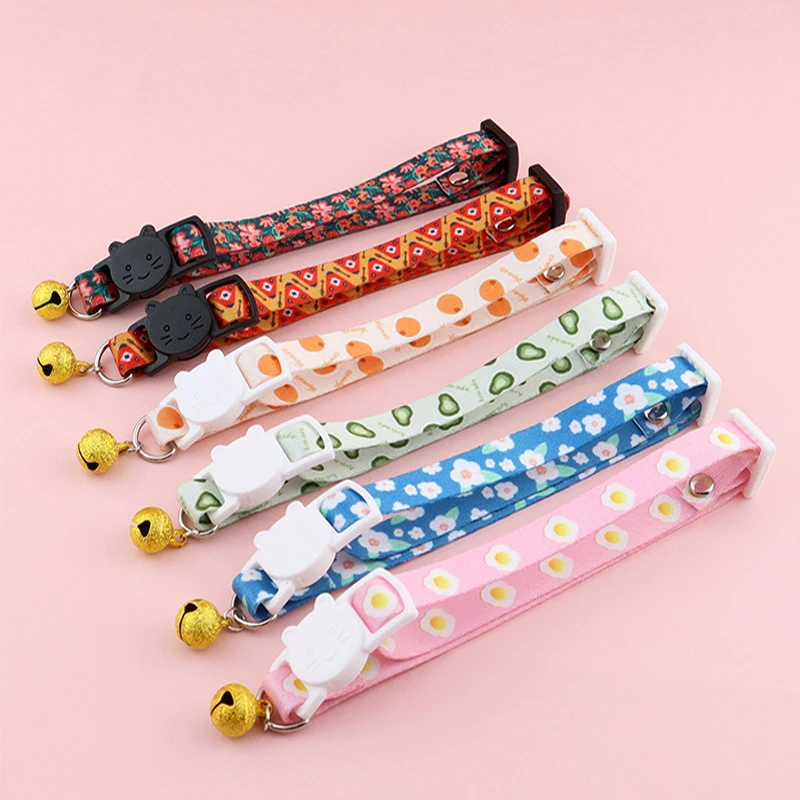 

Dogs Cats Collars Polyester Pet Supplies Cute Bell Collars Fruit Paw Printed Cat Collars Adjustable Safe Dog Cat Collar Necklace