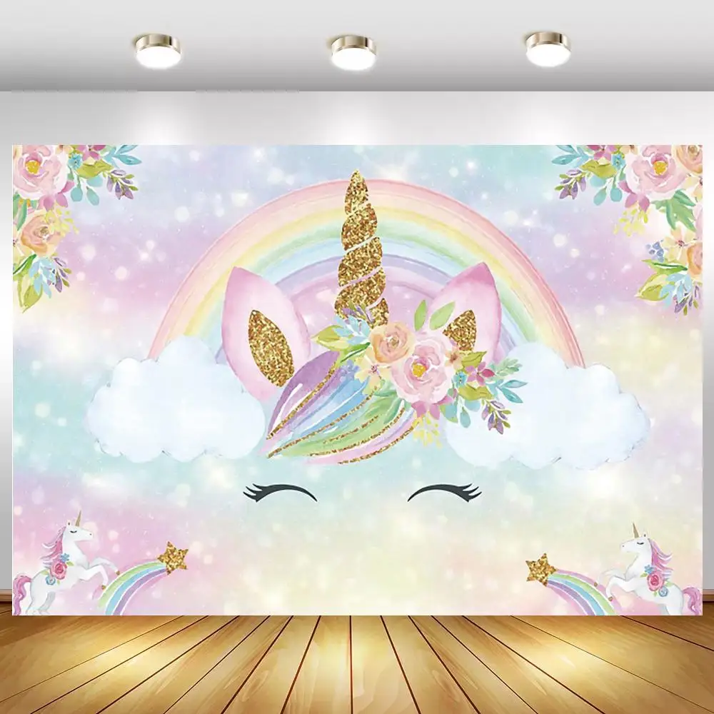 

Rainbow Cloud Unicorn Newborn Baby Shower Backdrop Pink Flowers Light Bokeh Glitter Kids Birthday Cake Table Photo Backgrounds