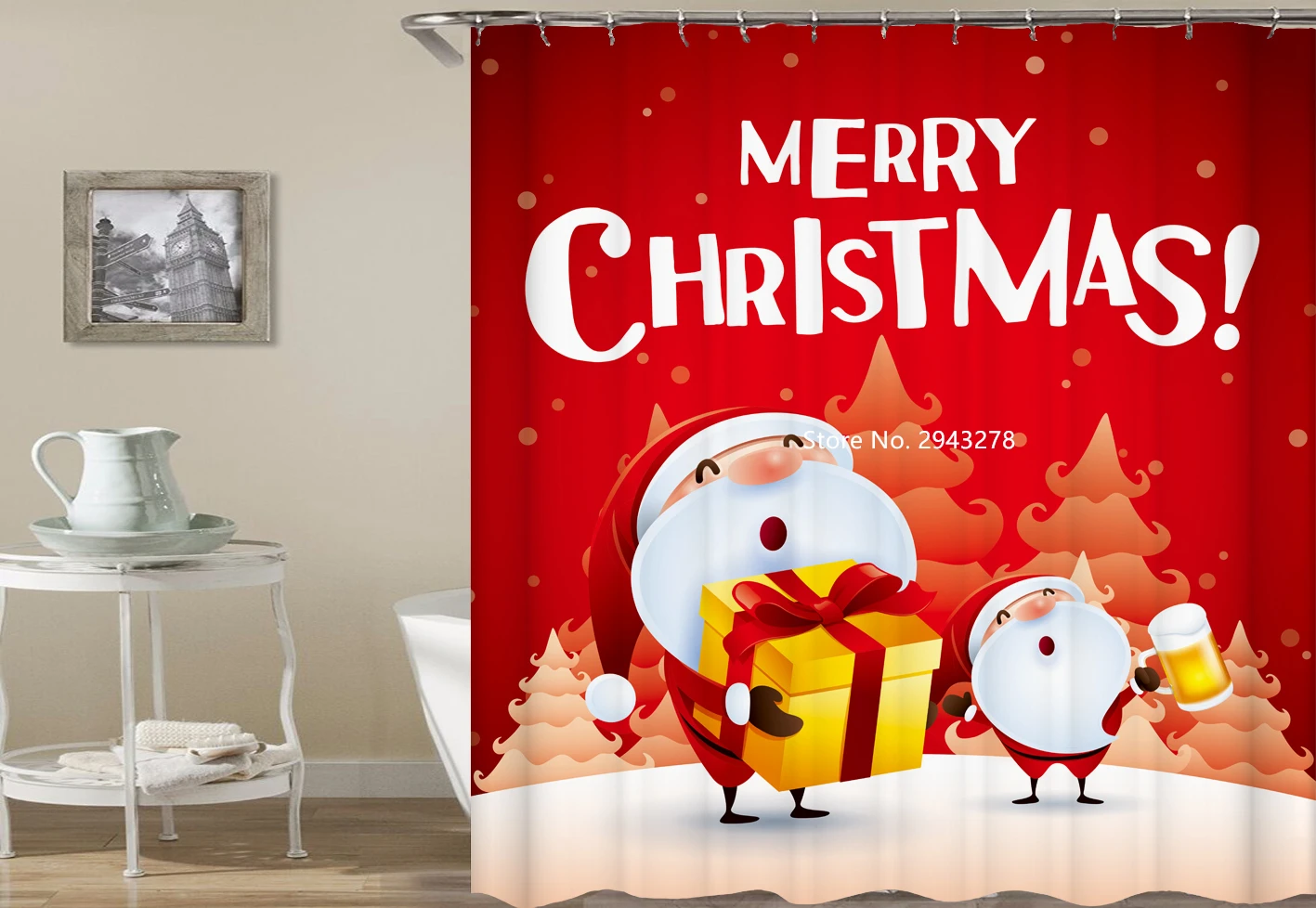 

Christmas Decor Santa Claus Snowman Pattern Waterproof and Mildewproof Washable Red Shower Curtain with Hook Home Bathroom Decor