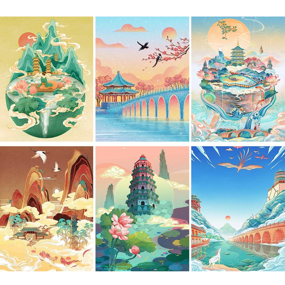 

Cartoon Diamond Painting Chinese Hand-painted Tiangong Building Diamond Embroidery Painting Exquisite Home Decoration Ornaments