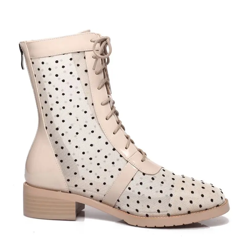 COOLULU Polka Dot Ankle Booties Square Mid Heel Lace Up Women Boots Fashion Summer Zipper Patent Leather | Обувь
