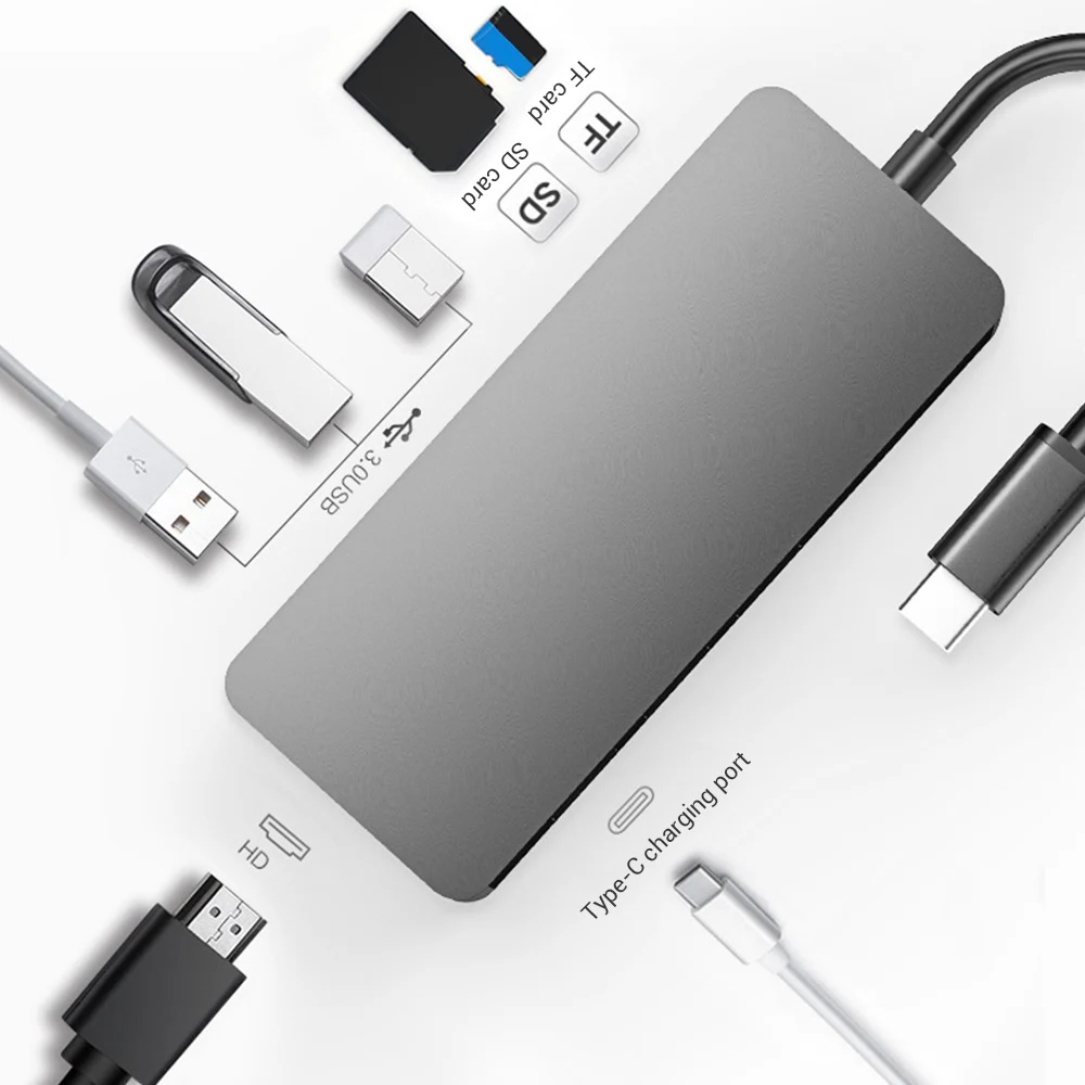 

7 In 1 Type C Hub Aluminum Alloy Splitter USB C to USB3.0 4K HDMI-Compatible PD SD/TF Converter Hub for Laptop Phone