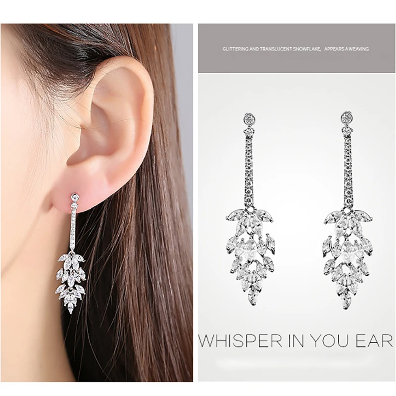 Женские Длинные свадебные серьги с фианитом подвески серебряного цвета