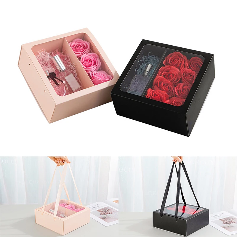 

Square Gift Box with Clear Window Drawer Style Display Florsit Flower Bouquet Packaging Boxes Wedding Party Birthday Supplies
