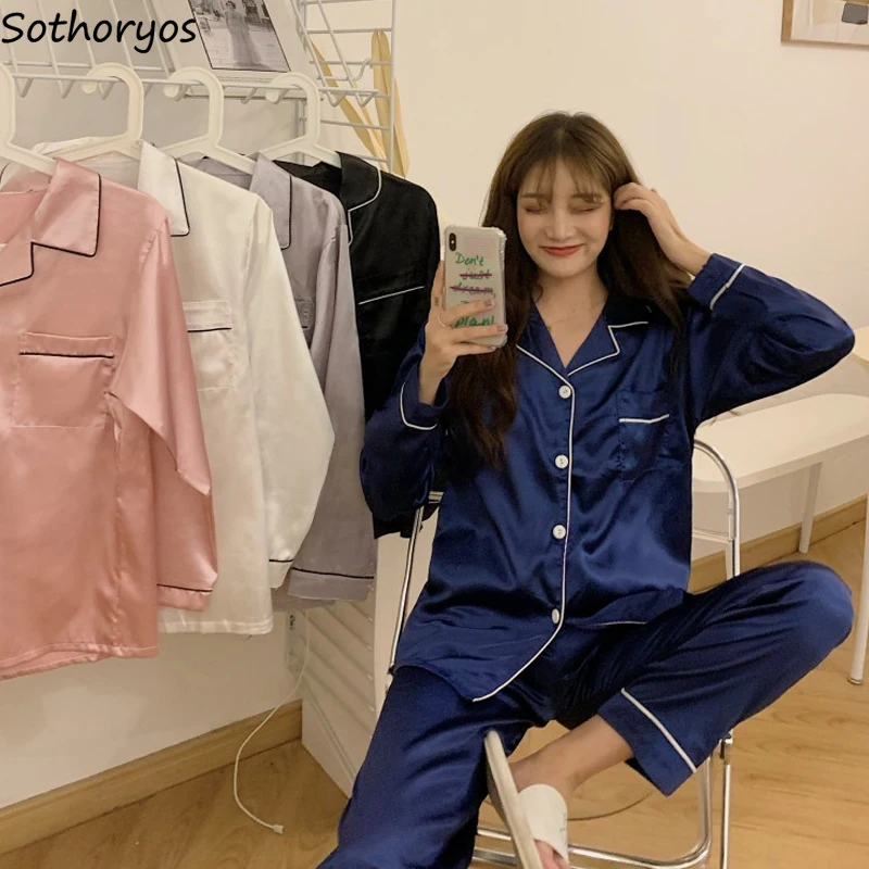 

Women Pajama Sets Autumn Silk Single-breasted Long Sleeved and Pants Solid Soft Breathable Simple Elegant Sleepwear Female Sexy