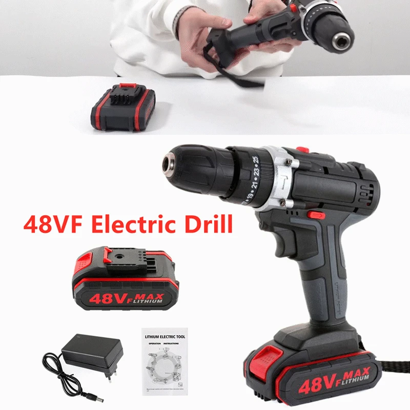 

48VF Cordless Impact Drill Wrench Electric Drill Screwdriver Hand Driver Drill Hammer Drill with Battery Power Tools 1350RPM