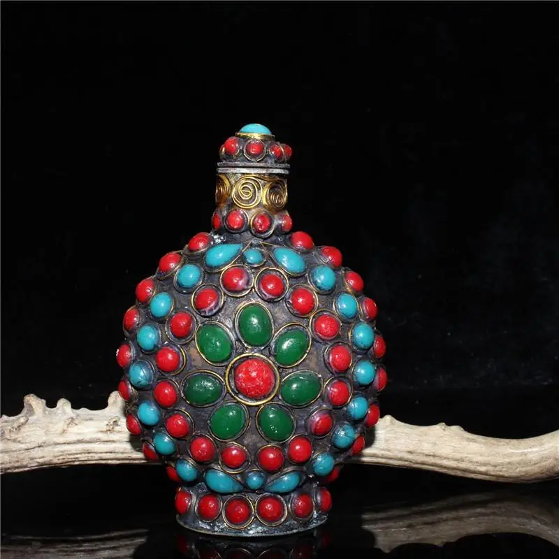 

China old Beijing old goods Bead-embedded turquoise copper snuff bottle