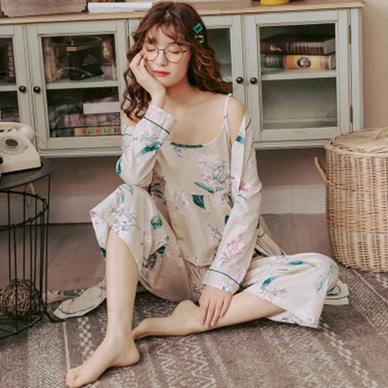 Pajama Women'S Three Piece Spring And Autumn Summer Sexy Suspender Plus Fat Loose Pure Cotton Oversize 100Kg Home Clothes