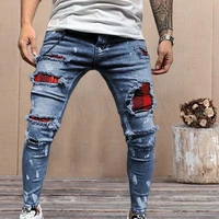 skinny men ripped jeans distressed patch slim hip hop pencil pants male stretch elastic waist patchwork jogging denim trousers