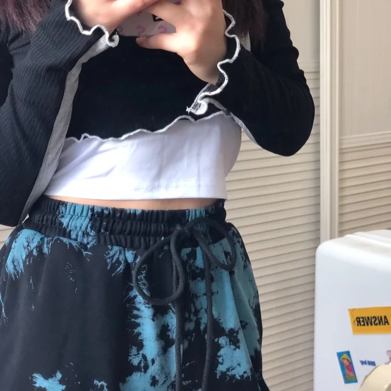 

Ladies Korean Style Retro Design Sense Tie-dye Casual Trousers, Harajuku Style High-waisted Thin Waist Pants Women