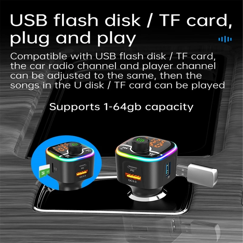 

Bluetooth 5.0 FM Transmitter Car Charging Fast Charger QC3.0 USB-C PD Charger U Disk Music Player Car Mp3 Player