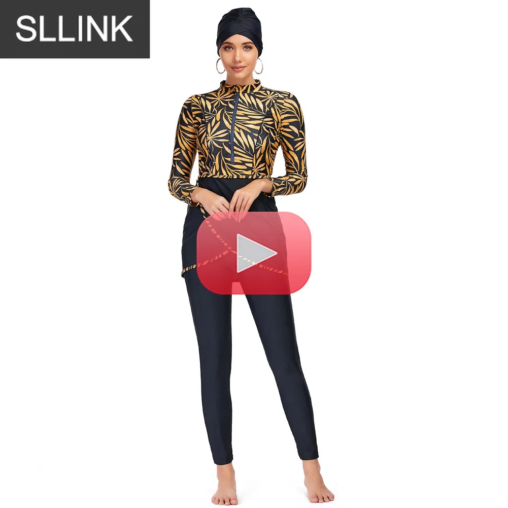 

3pcs Islamic Burkinis Wear Muslim Swimwear Women Modest Patchwork Hijab Long Sleeves Sport Swimsuit Bathing Suit Leisure Comfort