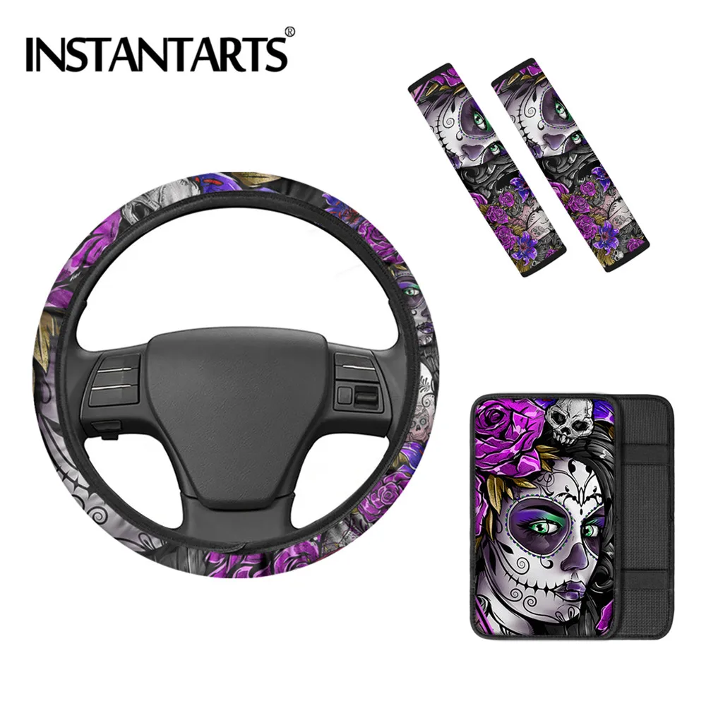 

INSTANTARTS Day of the Dead Sugar Skull Pattern 5pcs/Set Car Steering Wheel Cover Soft Car Center Console Pad Seatbelt Covers