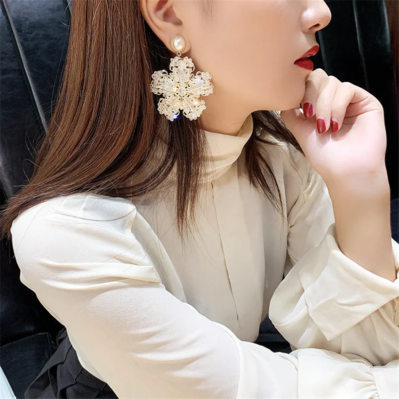 FYUAN, винтажные жемчужные Висячие серьги для женщин, Bijoux, роскошные хрустальные серьги-подвески в форме цветка, массивные вечерние ювелирные изделия