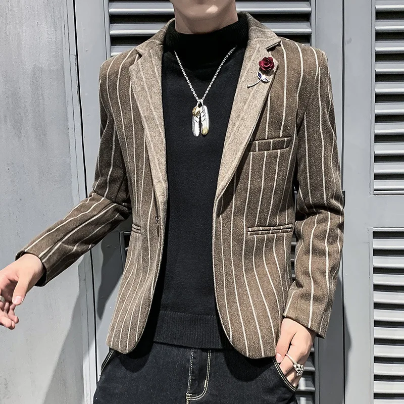 

2021 new men's striped woolen cloth trendy handsome suit youth casual single button thick blazer
