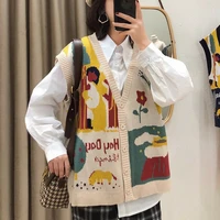 indie cartoon harajuku v neck cardigans vest fashion women single breasted japan style knitted sweater vest new kawaii warm tops
